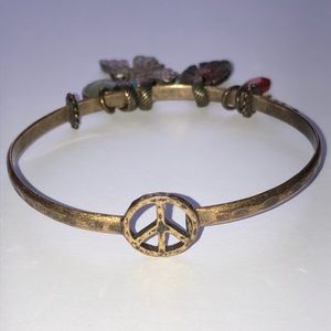 Lucky Brand Peace Sign Charm Bracelet Boho Festival Brass